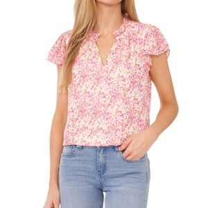 CeCe Women's Ruffled Keyhole-Neck Flutter-Sleeve Blouse Peach Coral Size S